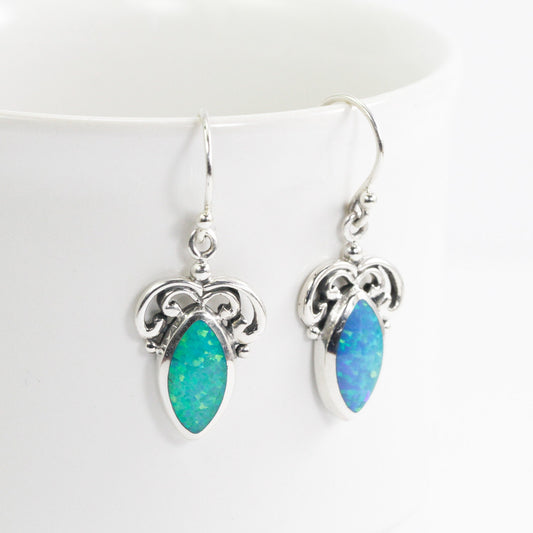 Created Opal Earrings in 925 Sterling Silver decorated with Balinese Ornament