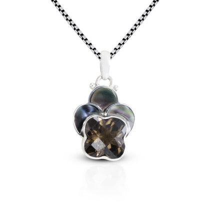 Smoky quartz pendant 925 sterling silver leaf shape with black shell