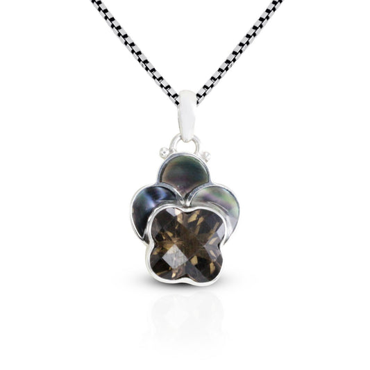 Smoky quartz pendant 925 sterling silver leaf shape with black shell