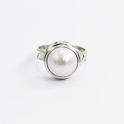 white mabe pearl ring 12 MM set in 925 sterling silver decorated with wave ornament
