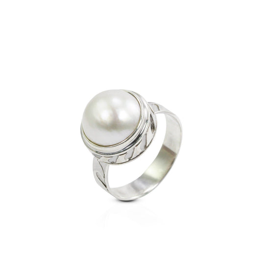 white mabe pearl ring 12 MM set in 925 sterling silver decorated with wave ornament