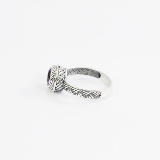 Amethyst solitaire ring handmade bezel set in 925 sterling silver decorated with woven ornament