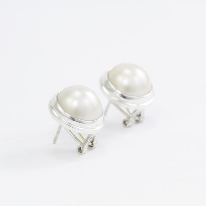 white mabe pearl earrings stud handmade 925 sterling silver with safety omega closure lock 15 mm large
