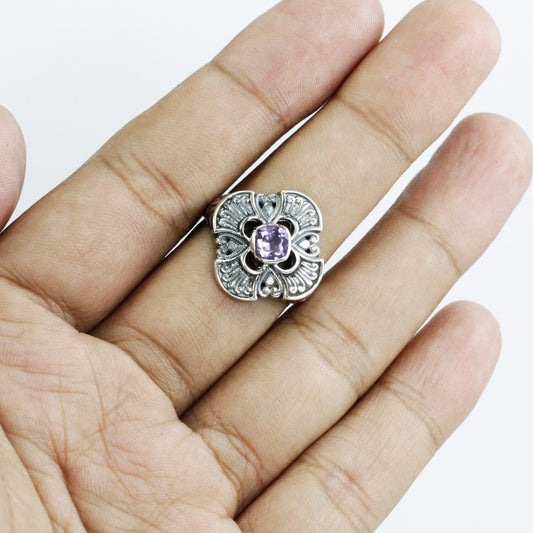 Maltese cross ring 925 sterling silver with genuine Brazilian amethyst decorated with filigree ornament