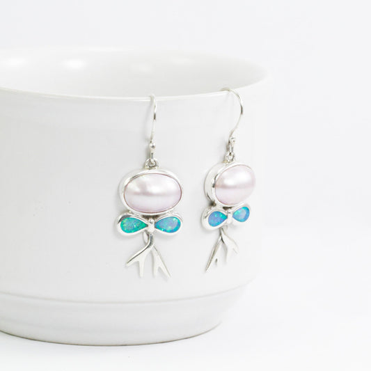 Pink mabe pearl earrings 925 sterling silver decorated with created blue opal