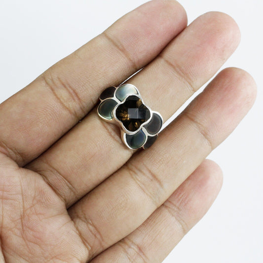 smoky quarts ring 925 sterling silver decorated with natural black shell