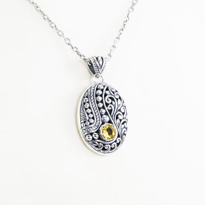 citrine pendant necklace 925 sterling silver oval shape decorated with beautiful filigree ornament