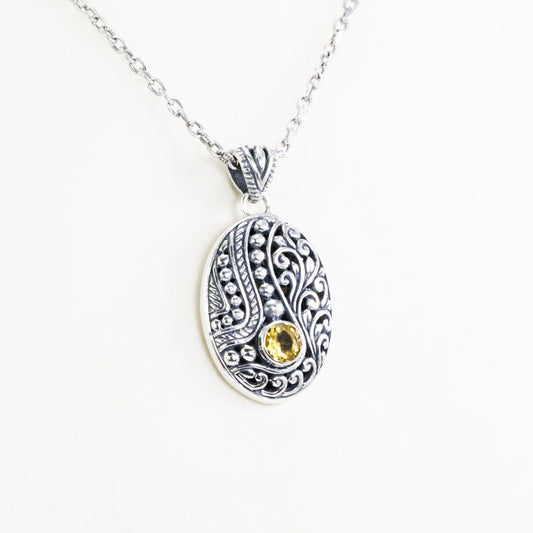 citrine pendant necklace 925 sterling silver oval shape decorated with beautiful filigree ornament