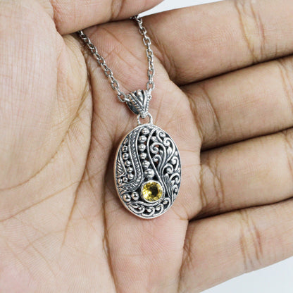 citrine pendant necklace 925 sterling silver oval shape decorated with beautiful filigree ornament