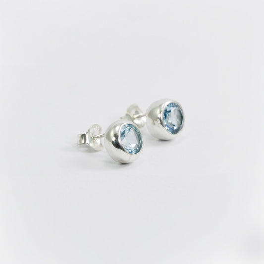 Blue Topaz Earrings Studs for women 7 mm Round shape bezel set in 925 sterling silver