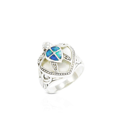 turtle ring 925 sterling silver decorated with created opal and natural white shell