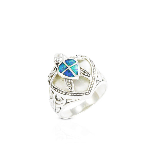 turtle ring 925 sterling silver decorated with created opal and natural white shell