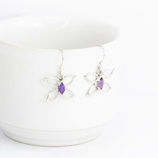 silver butterfly earrings 925 sterling silver with natural Brazilian amethyst