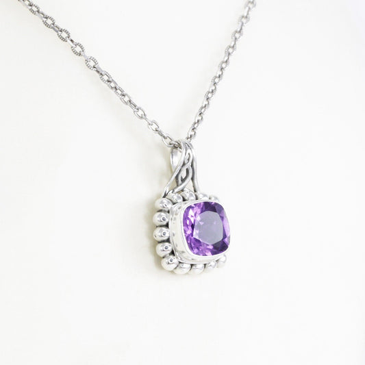 Amethyst Pendant Necklace 925 sterling silver with dot inspired ornament bezel