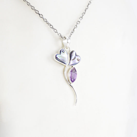 tulip flower pendant 925 sterling silver with natural Brazilian amethyst and genuine abalone shell