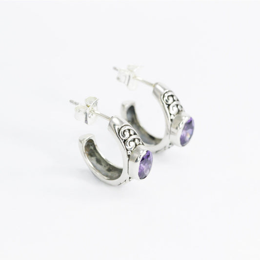 amethyst earrings hoop 925 sterling silver with Bali inspired ornament