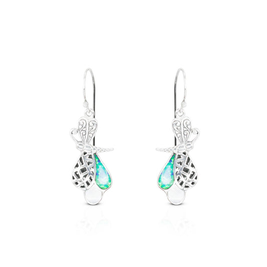 dragonfly earrings 925 sterling silver decorated with filigree ornament and created blue opal