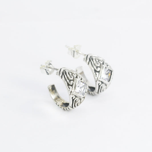 hoop earrings 925 sterling silver combined with inspired Bali ornament filigree and white zirconia