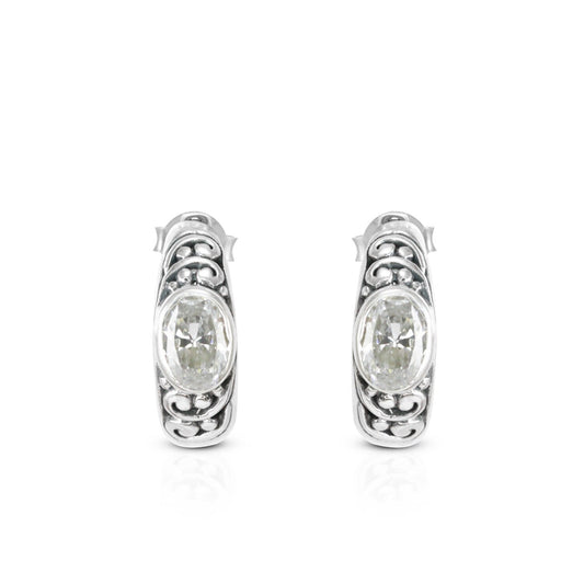 hoop earrings 925 sterling silver with white zirconia and Bali inspired filigree