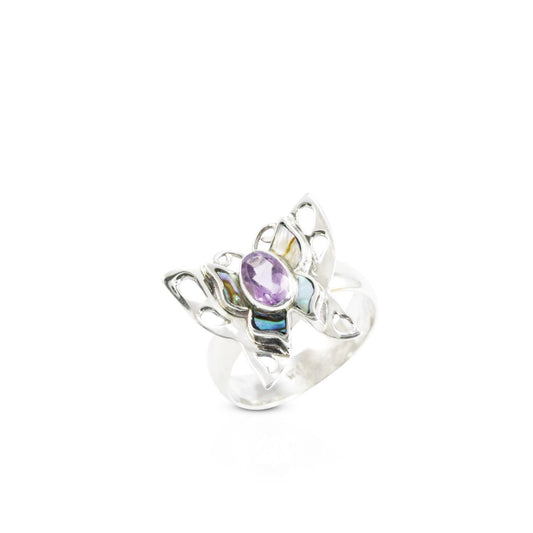 butterfly ring 925 sterling silver with natural Brazilian amethyst and abalone shell