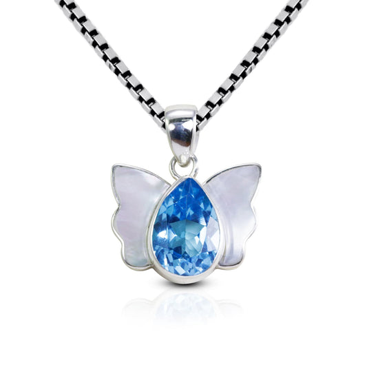 butterfly pendant 925 sterling silver with genuine Swiss blue topaz decorated with white shell