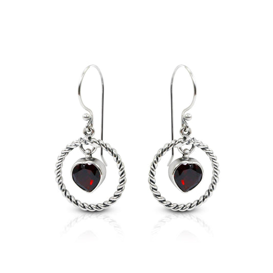 red garnet earrings 925 sterling silver with circle cable style