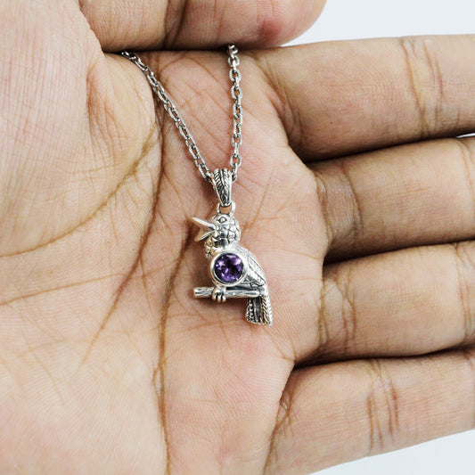 Bird pendant necklace 925 sterling silver with genuine amethyst