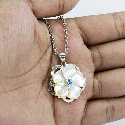 flower necklace pendant dangle set in 925 sterling silver with genuine blue topaz and natural white shell