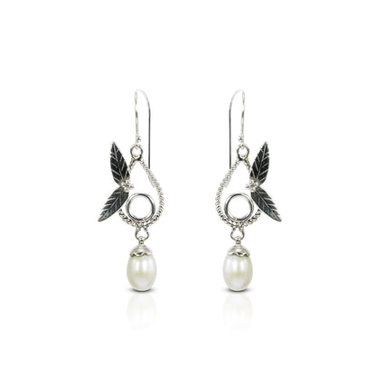 pearl earrings dangle drop 925 sterling silver with genuine fresh water pearl decorated with leaf ornament