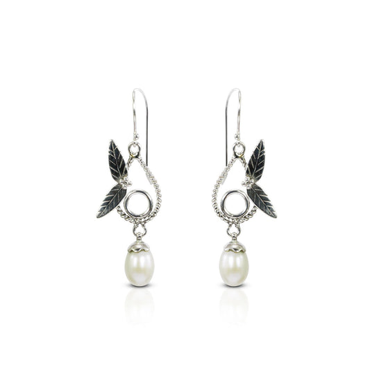pearl earrings dangle drop 925 sterling silver with genuine fresh water pearl decorated with leaf ornament