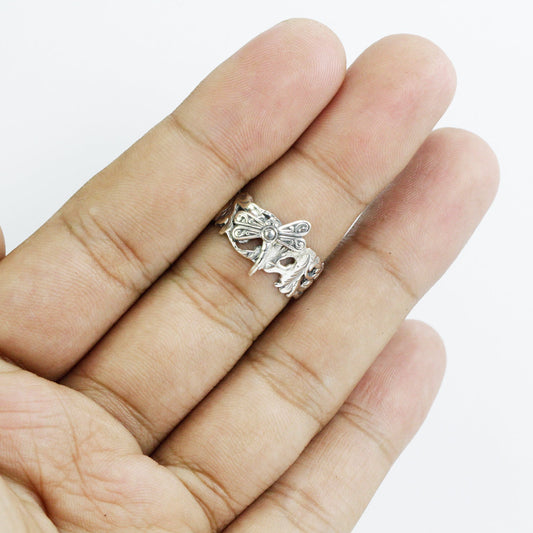 Wide band ring 925 sterling silver with floral ornament and dragonfly