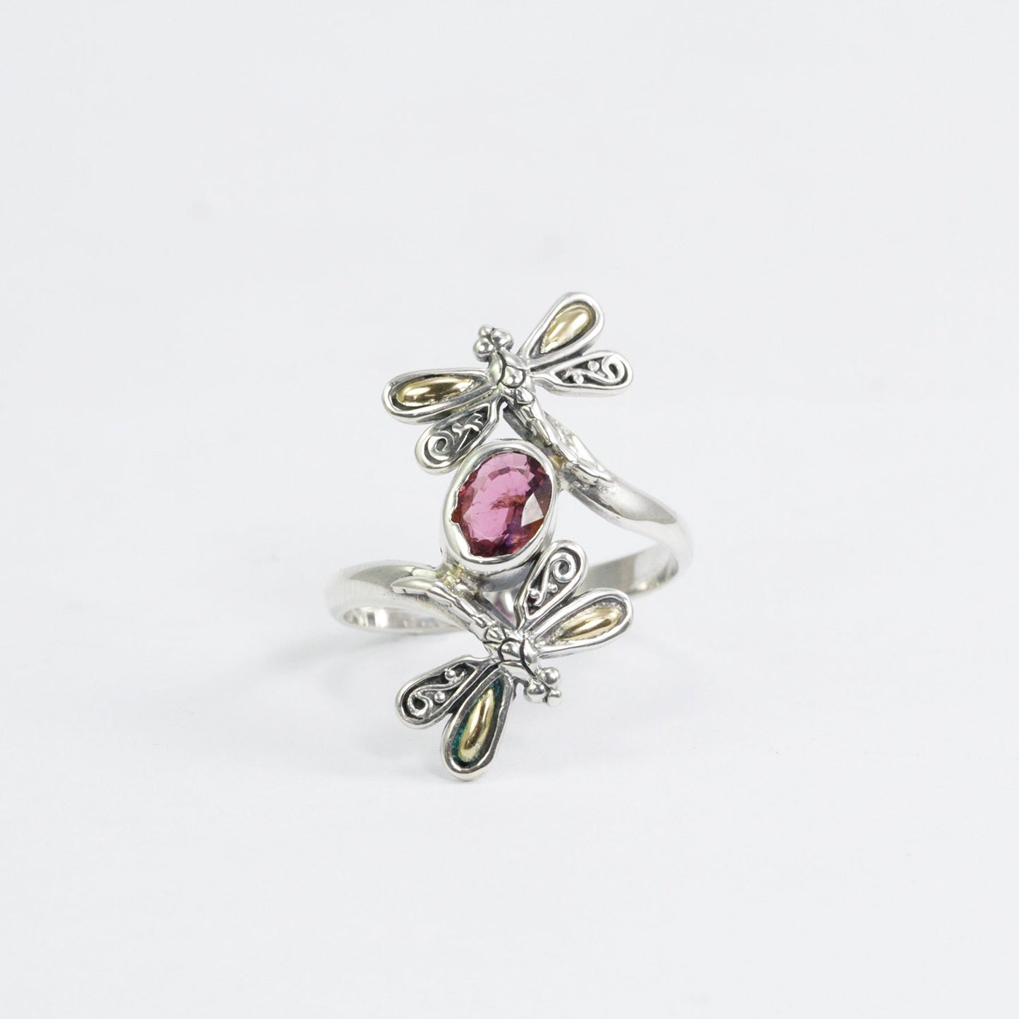 bypass ring 925 sterling silver and 18K gold with tourmaline and filigree dragonfly