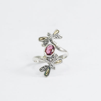 bypass ring 925 sterling silver and 18K gold with tourmaline and filigree dragonfly