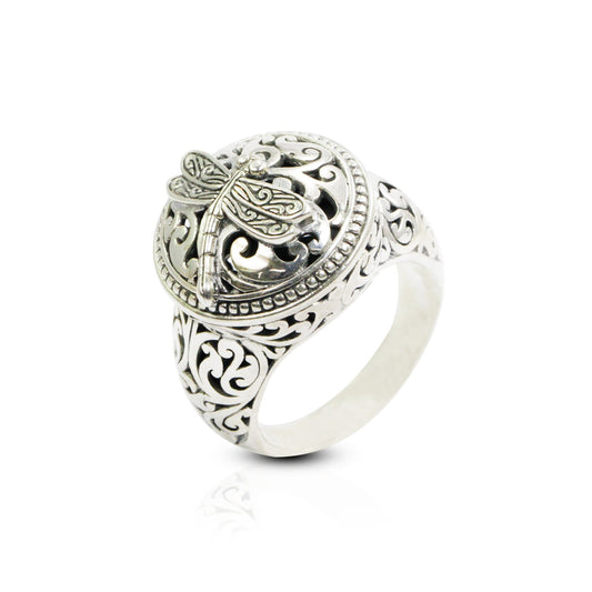 signet ring 925 sterling silver decorated with dragonfly and filigree ornament