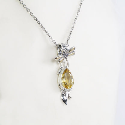dragonfly pendant necklace 925 sterling silver and 18K yellow gold with genuine yellow citrine