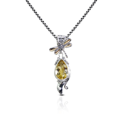 dragonfly pendant necklace 925 sterling silver and 18K yellow gold with genuine yellow citrine
