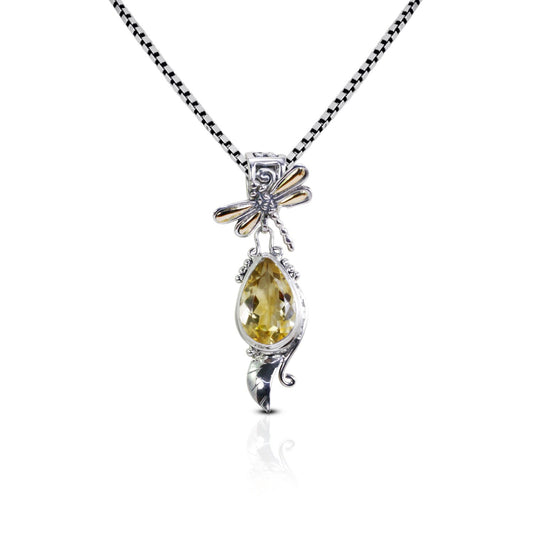 dragonfly pendant necklace 925 sterling silver and 18K yellow gold with genuine yellow citrine