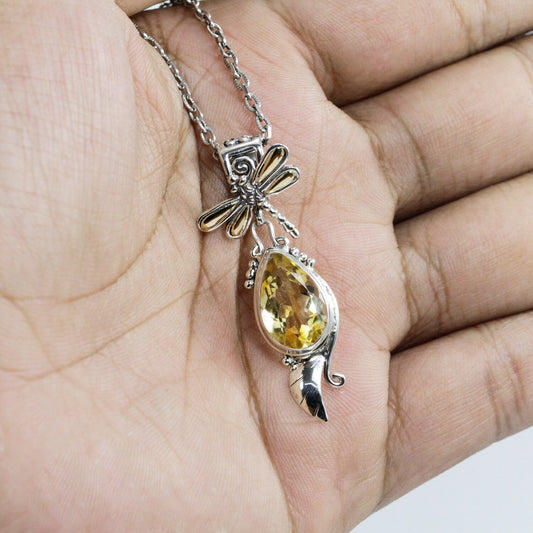 dragonfly pendant necklace 925 sterling silver and 18K yellow gold with genuine yellow citrine