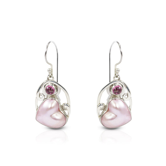 heart shape pearl earrings with tourmaline set in 925 sterling silver
