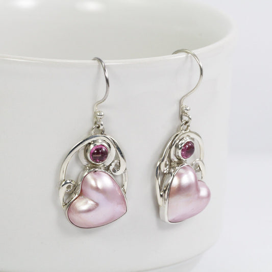 heart shape pearl earrings with tourmaline set in 925 sterling silver