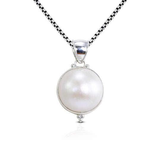 white Mabe pearl pendant 16 mm round 925 sterling silver bezel set