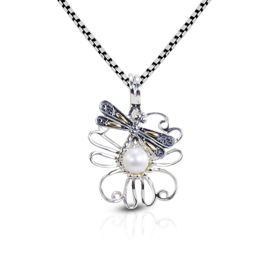 silver flower pendant necklace 925 sterling silver with fresh water pearl decorated with dragonfly two tone 18 K gold