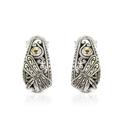 hoop earrings 925 sterling silver and 18K yellow gold decorated with dragonfly and filigree ornament