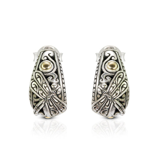 hoop earrings 925 sterling silver and 18K yellow gold decorated with dragonfly and filigree ornament
