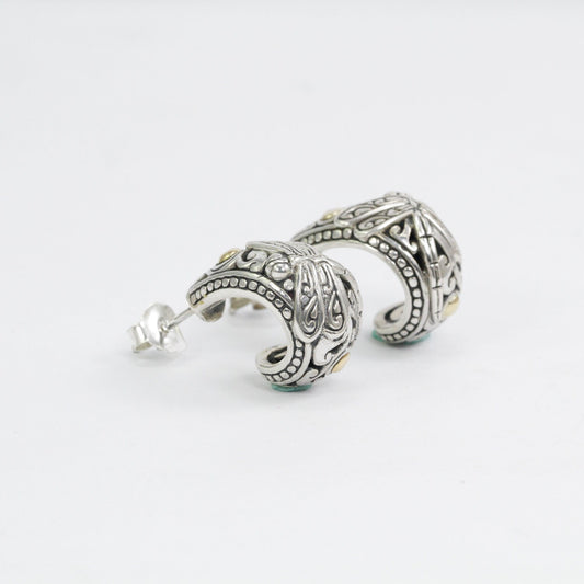 hoop earrings 925 sterling silver and 18K yellow gold decorated with dragonfly and filigree ornament