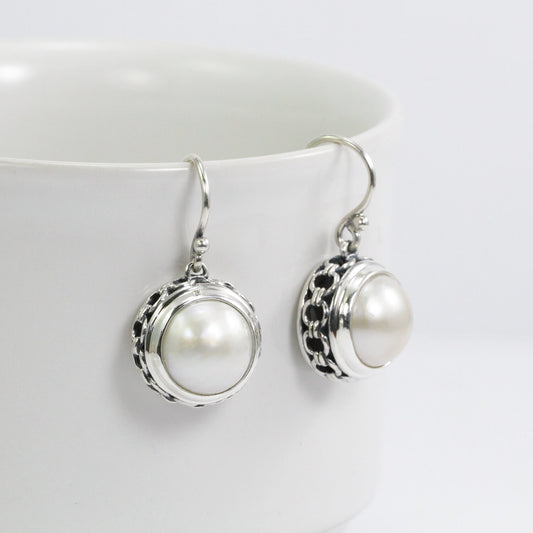 white pearl earrings 925 sterling silver with chain ornament bezel