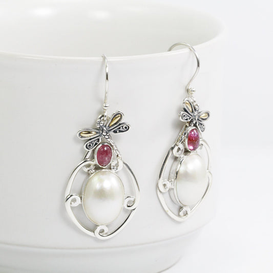 oval pearl earrings 925 sterling silver decorated with dragonfly ornament 18K gold and genuine pink tourmaline