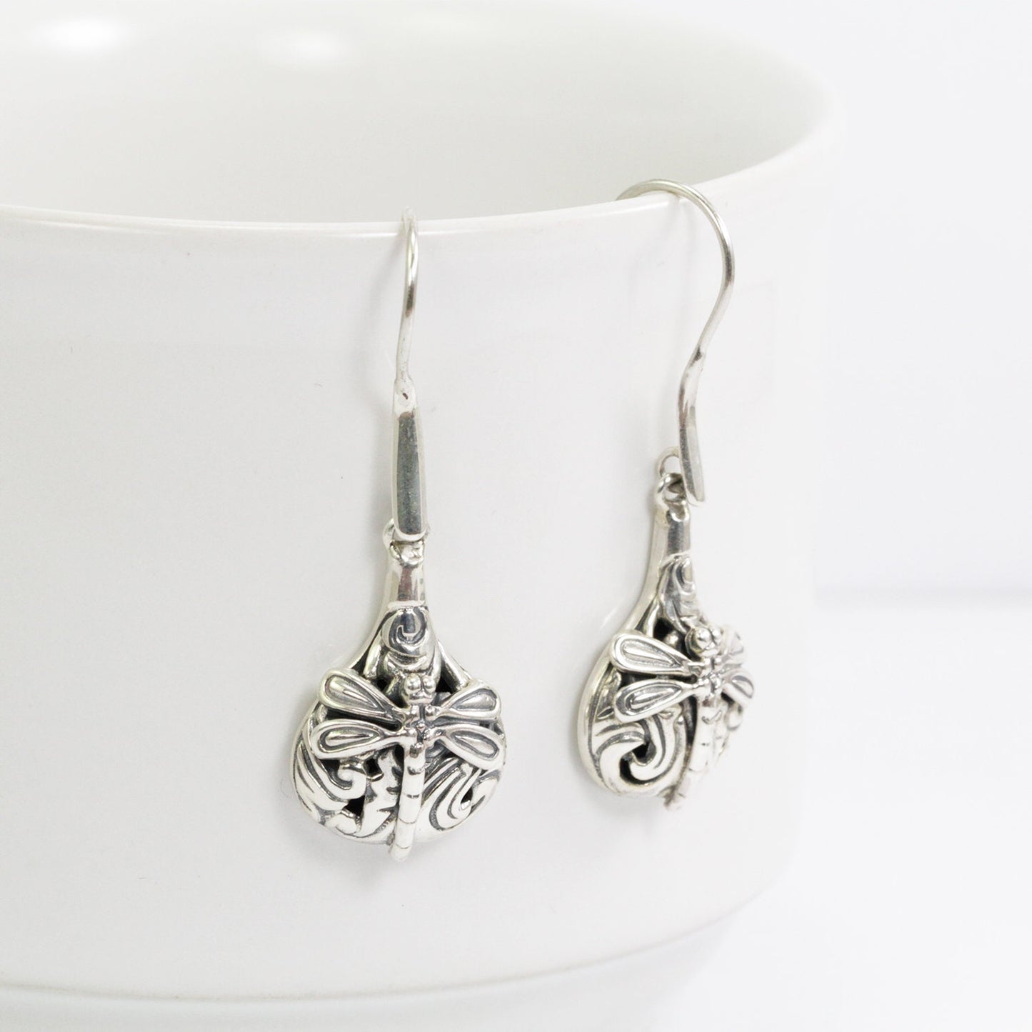 dragonfly earrings 925 sterling silver dangle drop decorated with swirl filigree ornament