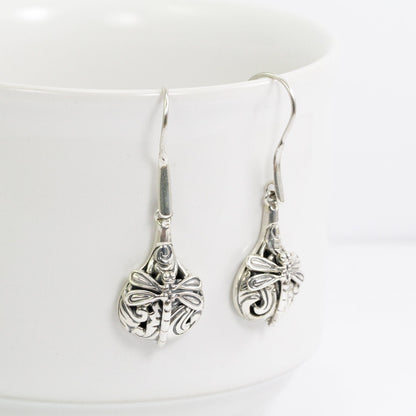 dragonfly earrings 925 sterling silver dangle drop decorated with swirl filigree ornament