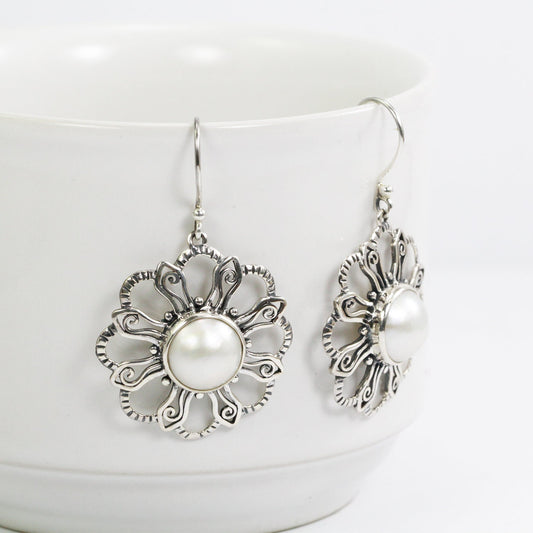 white mabe pearl earrings 925 sterling silver with bloom flower ornament